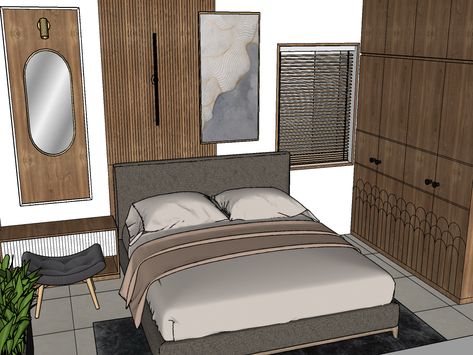 Sketchup Bedroom Design, Bedroom 3d Warehouse, Furniture Details Drawing, Earth Tone Bedroom, Pooja Unit, Bed Unit, Sketchup Models, Interior Design Renderings, Wood Slat Wall