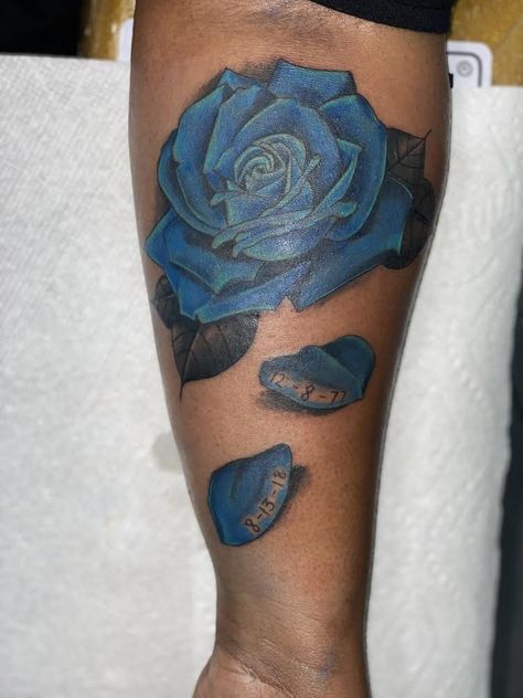 Blue Rose Blue Tattoos On Brown Skin, Blue Tattoo On Brown Skin, Tattoos On Brown Skin, Blue Ink Tattoos, Blue Rose Tattoos, Blue Tattoo, Memorial Tattoo, Rose Tattoos, Tattoo Inspo