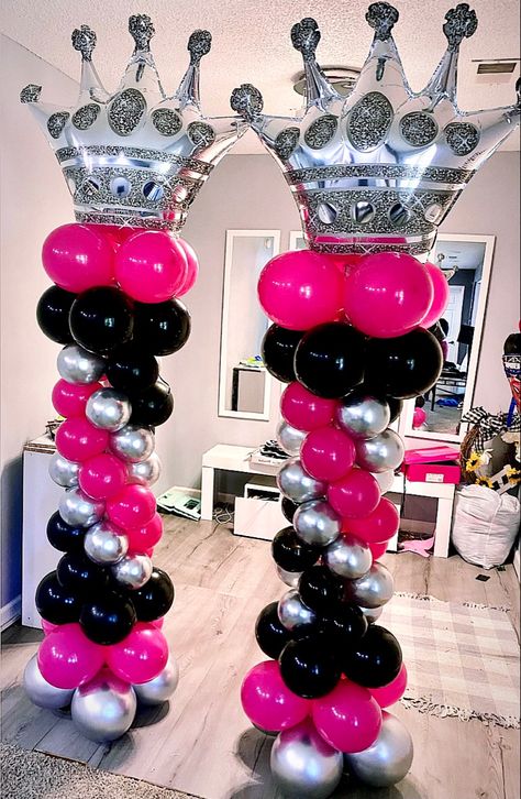 Pink Balloon Columns, Sweet 16 Balloon Columns, Balloon Tower Ideas, 2000s Birthday Party Theme, Prom Backdrops, Pink Party Theme, Balloon Tower, Mothers Day Balloons, 16 Balloons