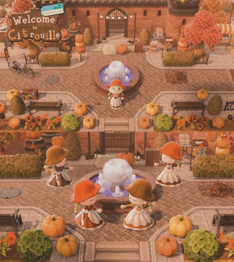 Acnh Small Town Entrance, Acnh Fall Towncore, Acnh Fall Entrance Ideas, Acnh Townhall Idea, Acnh Fall Town Entrance, Fall Citycore Island Acnh, Acnh Autumncore Entrance, Acnh Autumn Town, Acnh Autumn Entrance