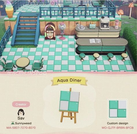 Acnh Diner Floor Code, Acnh Megan, Diner Animal Crossing, Acnh Tropical, Animal Crossing Cafe, Tropical Tile, Nintendo Switch Animal Crossing, Blue Cafe, Animal Crossing Guide