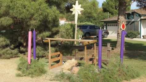 Outdoor Advent Wreath, Advent Display, Advent Wreath Candles, Advent Wreaths, Christ Centered Christmas, Purple Candles, Catholic Decor, Chandler Arizona, Advent Season