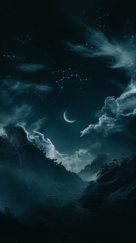 Dive into the allure of the night with this high-definition dark wallpaper featuring a vast starry sky in deep navy and black shades. Ethereal wispy clouds, a glowing crescent moon, and silhouetted mountains create an enchanting scene. Intricate fractal patterns add depth, making this wallpaper perfect for lovers of mystery and celestial beauty. Perfect for desktop and mobile backgrounds. Keywords: dark wallpaper, HD, night sky, starry background, celestial. Two Sided Wallpaper, Cloud And Moon Wallpaper, Tech Wallpaper Aesthetic, Wallpaper Backgrounds Space, Sky And Trees Aesthetic, Celestial Aesthetic Wallpaper, Wallpaper Mysterious, Crescent Moon Background, Genie Makeup