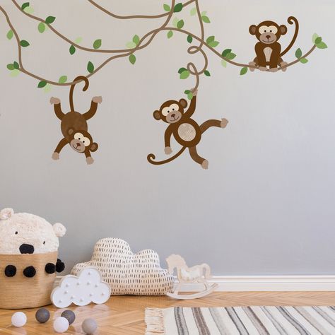 "Large Monkey Wall Decals on Vines, Jungle Animal Wall Decal, Nursery Wall Decals, Peel and Stick Removable Wall Stickers. Three jungle monkey wall stickers with vines and leaves. Our monkey wall decal set is perfect for decorating your child's room. Our fabric eco-friendly wall decals are easy to put up and remove cleanly! Three adorable monkey wall decals hanging on jungle vines are an easy way to transform a nursery, bedroom or playroom into a jungle safari themed room. Just peel and stick! D Safari Mural, Jungle Wall Stickers, Jungle Wall Decals, Wall Stickers Nursery, Monkey Nursery, Map Wall Decal, Jungle Monkey, Monkey Wall, Polka Dot Wall Decals