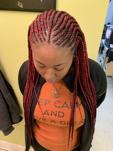 Tribal braids, red braids, protective style, natural hair, black girl braiding style Knotless Braids Over Locs, Red Braiding Hair, Red Knotless, Braids Red, Red Braids, Braids Color, Lemonade Braids Hairstyles, Red Tips, Braids Black