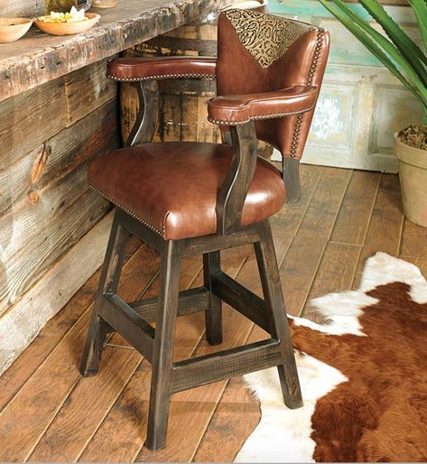 Tooled Leather Barstools Western Saloon Bar, Western Bar Stools, Cowhide Bar Stools, Cowboy Bar, Saloon Bar, Western Bar, Rustic Bar Stools, Western Saloon, Rustic Furniture Diy