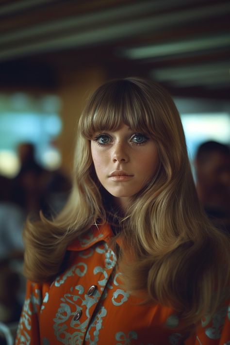 Woman with long straight blonde hair with bangs, vintage makeup, 1970s 70s Make Up And Hair, 80s Hair Straight, 1970s Long Hair, 70s Hair With Bangs, 1970s Editorial, 1970s Bangs, 60s Long Hair, Dark Blonde Hair With Bangs, 70s Hair Bangs