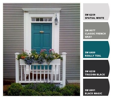 Teal Front Doors, Teal Door, Turquoise Door, Black Shutters, Front Door Paint Colors, Gray House, Door Paint Colors, Pintura Exterior, Painted Front Doors