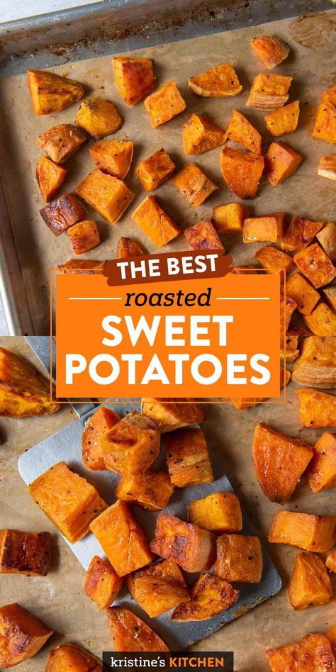 The BEST Oven Roasted Sweet Potatoes! Perfectly seasoned, tender in the centers and caramelized and crispy on the edges. This is one of the best sweet potato recipes I've tried! Healthy, easy side dish! Best Roasted Sweet Potatoes, Sweet Potato Side Dish Recipes, Best Sweet Potato Recipes, Savory Sweet Potato Recipes, Good Sweet Potato Recipe, Sweet Potato Oven, Sweet Potato Seasoning, Sweet Potato Side Dish, Bright Line Eating Recipes