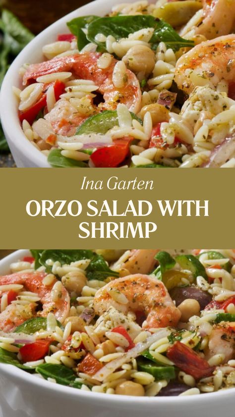 Ina Garten Orzo Salad With Shrimp Shrimp With Feta Cheese, Cold Shrimp Orzo Salad, Ina Garden Greek Orzo Salad, Shrimp And Feta Pasta Salad, Shrimp Orzo Asparagus Recipes, Best Orzo Salad Recipes, Canned Shrimp Recipes, Orzo Shrimp Recipes, Ina Garten Orzo Salad