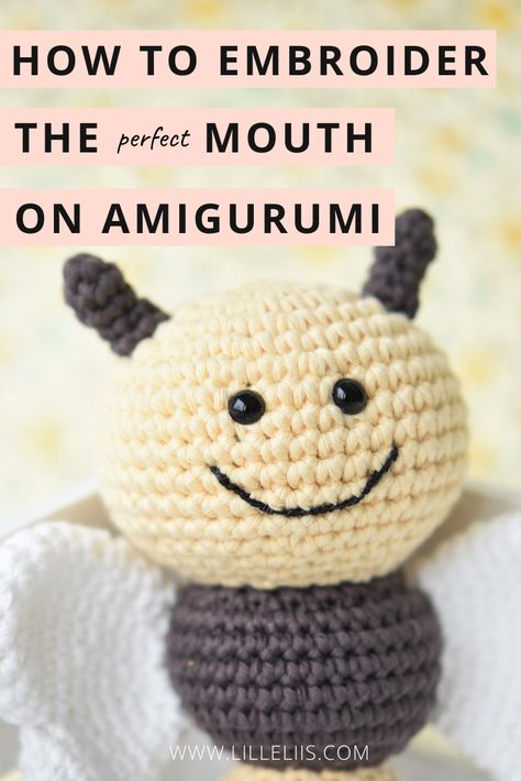 How To Embroider Amigurumi Faces, Embroidering Faces On Amigurumi, How To Embroider Faces On Crochet, Embroidery Amigurumi Faces Tutorial, Embroider Amigurumi Face, Embroidery On Amigurumi, How To Embroider Crochet, Amigurumi Mouth Embroidery, Amigurumi Faces Embroidery