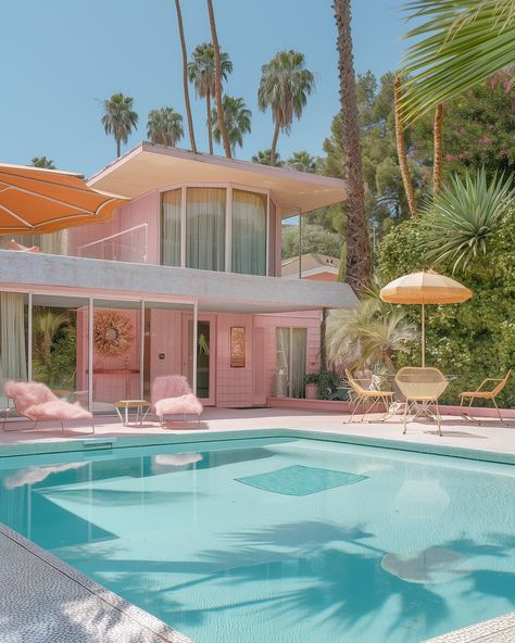 Palm Springs Decor Mid Century, 50s Palm Springs Aesthetic, Palm Springs Swimming Pool, Barbiecore Decor, Palm Springs Mansion, Mid Century Pool, 60s Swimming Pool, Palm Springs Architecture Mid Century Modern, Mcm Architecture