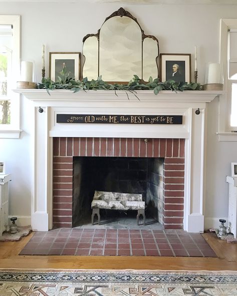 Antique Mirror On Mantle, Antique Mirror Over Fireplace, Large Mirror Over Fireplace Mantle, Mirrors On Mantle, Antique Mantle Fireplace, Large Mirror Over Fireplace, Spring Fireplace Mantle Decor, Farmhouse Antique Decor, Mirror Over Fireplace