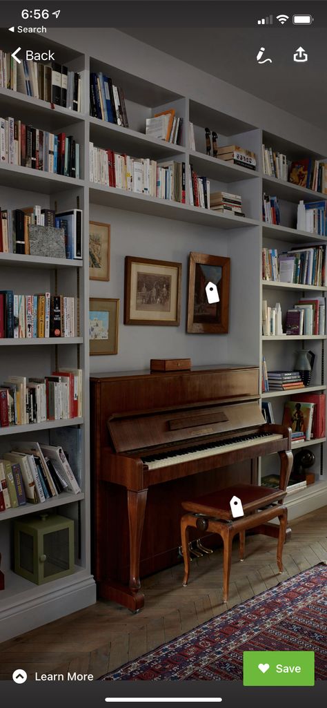 Piano Room Bookshelves, Shelves Over Piano, Piano Shelves Bookshelves, Piano Sitting Area, Rectangular Bay Window, Small Living Room Ideas With Piano, Small Library Room Ideas With Desk, Library Room With Piano, Bookshelves With Piano