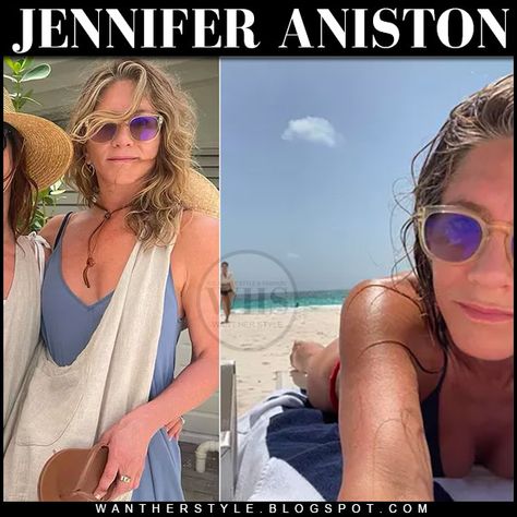 Jennifer Aniston in purple clear frame oliver peoples finley sunglasses and blue dress august 2022 beach Jennifer Aniston Sunglasses, Clear Frame Sunglasses, Clear Sunglasses Frames, Oliver Peoples Sunglasses, Clear Sunglasses, Brown Flip Flops, Purple Sunglasses, Clear Frames, Leather Flip Flops