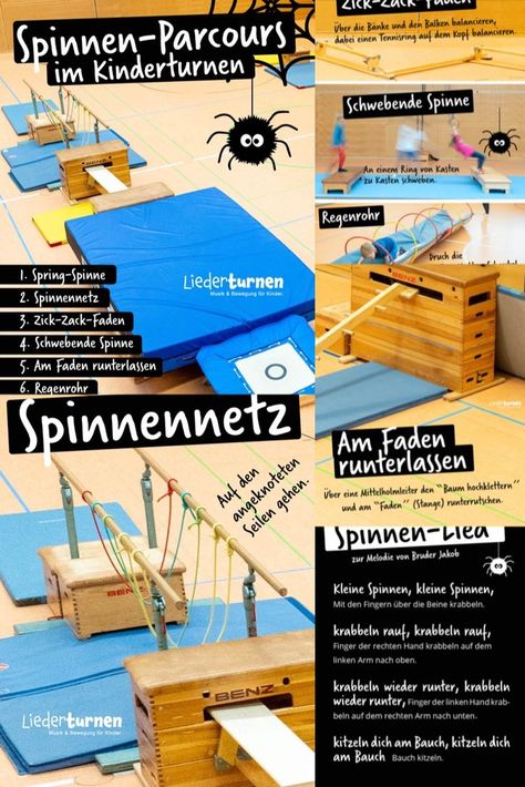 Nach dem Aufwärmlied "Wir turnen durch das Jahr" singen wir "Kleine Spinnen", weil wir im Herbst zu Hause öfter mal Spinnen in den Ecken und an den Wänden entdecken. Anschließend spielen die Kinder Spinnen und bewegen sich im Spinnengang .... Die ausführliche Beschreigung der Turnstunde findest du auf meiner Homepage www.liederturnen.de #halloween #kinderturnen #turnstunde #kinderlieder #helloween #bewegungslandschaft #kindergarten #kita Kids Sports, Kindergarten, Halloween