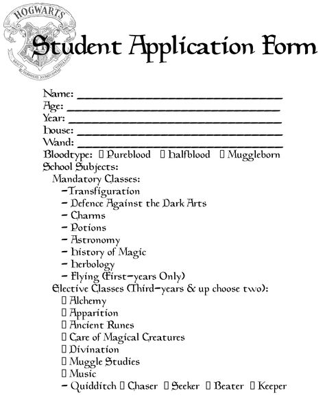 Hogwarts Student Application form (Blank)  Suggested paper: Parchment  White background edit for less ink usage Hogwarts Detention Form, Hogwarts School Aesthetic, Hogwarts Template, Hogwarts Student Aesthetic, Hogwarts Lessons, Hogwarts Student Id, Hogwarts Yearbook, Harry Potter Script, Hogwarts Shifting