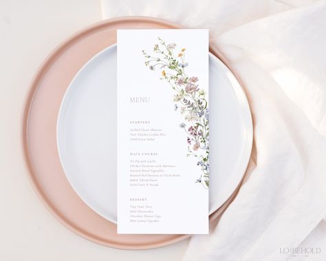 "Eden Collection | This wildflower wedding menu template offers customizable text, font, font color and background color to allow you to tailor the design to compliment your special day.  This minimalist floral menu template is editable in Corjl, an online template editor that can be accessed directly through your web browser without the need to download any software or fonts. You will be able to access your template(s) within minutes of purchase and begin your personalization to create your per Floral Menu Design, Wedding Menu Design, Random Products, Love Website, Menu Printable, Wedding Menu Template, Menu Card, Wildflower Wedding, Stage Decorations