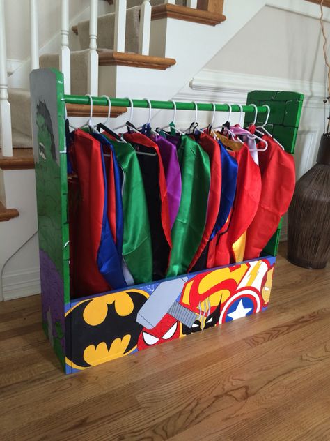 Costume Storage, Superhero Costumes For Boys, Play Bedroom, Superhero Dress Up, Dress Up Area, Shared Boys Rooms, Dress Up Stations, Superhero Dress, Dress Up Storage