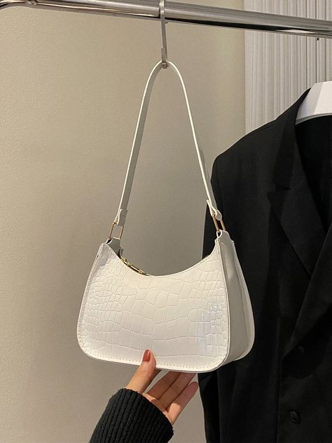 White Elegant Collar  PU Leather Crocodile Print Hobo Bag Embellished   Women Bags Purse For Teens, Hobo Bag Patterns, Bags For Teens, Crocodile Print, Baguette Bag, Work Bag, Bird In Bag, Mini Bags, Style Elegant