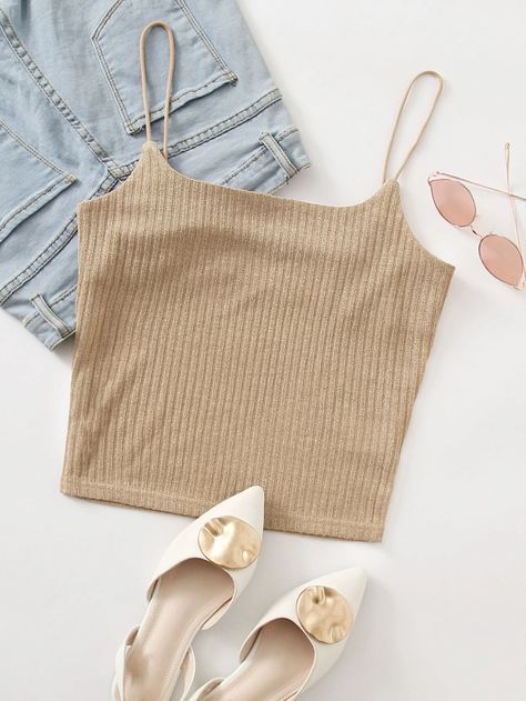 Solid Rib-knit Cami Top | SHEIN USA Sando Croptop Outfit, Sando Croptop, Backless Cami Top, Khaki Fashion, Women Tank Tops, Crop Top Outfits, Cropped Cami, Cami Crop Top, Baggy Pants