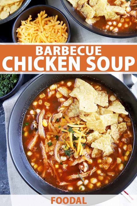 Barbecue chicken soup is a recipe that can be on the dinner table in less than 30 minutes – which is pretty much the best thing in the world. The base is loaded with flavor from BBQ sauce to garlic, shredded chicken to sweet pops of corn. Read more now. #souprecipes #easydinners #weeknightchickendinner #foodal Bbq Chicken Soup Recipes, Bbq Soup Recipes, Summer Chicken Soup Recipes, Unique Soups, Bbq Chicken Soup, Bbq Soup, Crockpot Soups, Kung Pao Chicken Recipe, Weekly Dinner