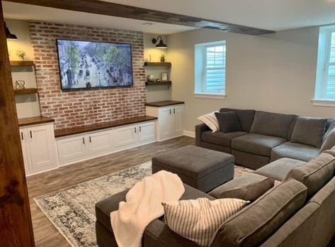 L Shaped Basement Stairs, Sectional Couch Basement, L Shaped Basement, L Couch, L Shaped Stairs, Farmhouse Style Living Room, L Shaped Couch, U Shaped Sectional, Basement Bathroom