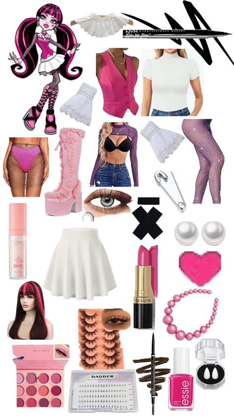 Clothes, Shoes, Makeup, and Accessories to look like Draculaura Draculaura Halloween Costume, Draculaura Halloween, Dracula Halloween Costume, Draculaura Aesthetic Outfit, Draculaura Costume, Monster High Halloween Costumes, Monster High Halloween, Monster High Cosplay, Dracula Costume