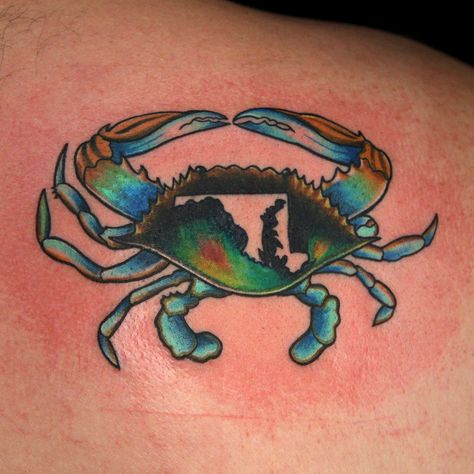 Maryland Tattoo by EMAC Maryland Tattoo Ideas For Women, Maryland Tattoo Men, Delaware Tattoo Ideas, Chesapeake Bay Tattoo, Maryland Tattoo Ideas, Blue Crab Tattoo, Unique Crab Tattoo, Maryland Crab Tattoo, Maryland Theme Tattoo