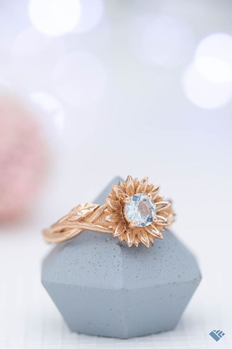 Engagement Rings Aquamarine, Floral Engagement Rings, Rings Aquamarine, Sunflower Themed Wedding, Yellow Gold Solitaire Ring, Floral Engagement Ring, Sunflower Ring, Flower Engagement Ring, Princess Cut Engagement Rings