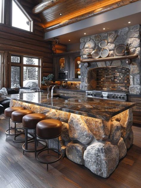 Log Houses Modern Log Cabin Interior Kitchen, Small Log Cabin Kitchens, Cabin Interiors Kitchen, Modern Log Cabin Interior, Log Cabin Kitchen Ideas, Ski Houses, Log Cabin Kitchen, Log Home Kitchens, Modern Log Cabin