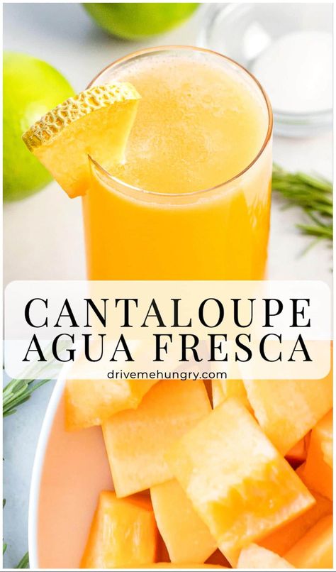 Refreshing cantaloupe agua fresca made with fresh cantaloupe melon, water, lime, and sweetener of your choice! The perfect cantaloupe drink for the summer! #cantaloupeaguafresca #cantaloupedrink #melondrinks #drivemehungry | drivemehungry.com Mango Agua Fresca, Cantaloupe Drink, Aqua Fresca Recipes, Fresca Drinks, Melon Water, Agua Fresca Recipe, Watermelon Water, Mexican Drinks, Drink Recipes Nonalcoholic