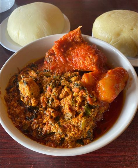 African Dishes With Fufu, Egusi And Fufu, Fufu Aesthetic, Fufu Recipe Africans, Fufu And Egusi Soup, Nigerian Delicacies, Pounded Yam, Nigeria Food, Ghanaian Food