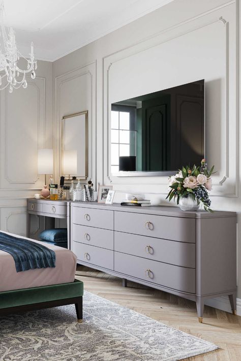 Bed Next To Dresser, Dresser In Bedroom Decor, Tv On Dresser In Bedroom, Tv On Dresser, Modern Neoclassical Interior Bedroom, Luxury Bedroom Master With Dressing Table, Dresser In Bedroom, Neoclassic Master Room, Dresser Decor Bedroom