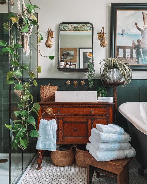 How to furnish your first home the smart way | Bricks & Mortar | The Times Small Bathroom Wainscoting Ideas, Vintage Decor Bathroom, Green Bathrooms Inspiration, Bathroom Wainscoting Ideas, Dark Green Bathroom, Earthy Bathroom, Modern Vintage Bathroom, Dark Green Bathrooms, Merry Monday