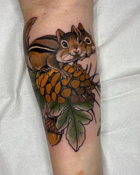 Moose And Squirrel Tattoo, Chipmunk Tattoo, Cute Tiger Tattoo, Traditional Squirrel Tattoo, Chipmunk Tattoo Ideas, Squirrel Tattoo Sleeve, Woodland Tattoo, Maryland Tattoo, Neotraditional Raccoon Tattoo