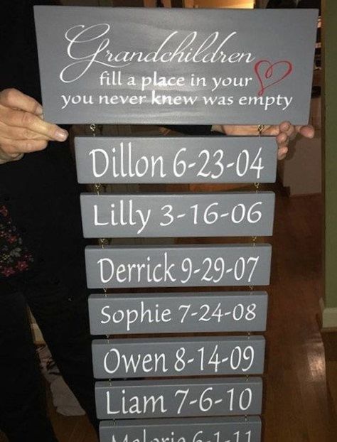 Personalized Grandchildren name sign. Grandchildren fill a place in your heart you never knew was empty  The perfect sign for Grandparents to show off how many grandchildren they have.  This beautiful sign is custom made with grandchildrens individual names and year of birth. Choose how Grandparents Sign, Grandchildren Sign, Grandkids Sign, Grandmother Birthday Gift, Grandmother Birthday, Board Art, Cadeau Diy, Gift For Grandma, Grandparent Gifts