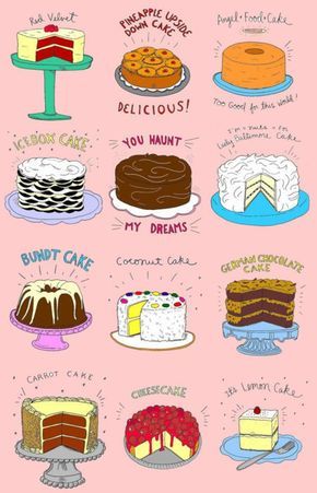 Tipos de tartas Chocolate Carrot Cake, German Cake, Cake Illustration, Cake Printing, Illustration Food, Food Drawing, Love Cake, Elementary Art, Cakes And More