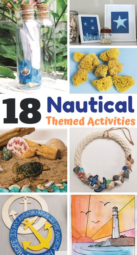 A Nautical Theme is the perfect theme to add to your Spring or Summer calendar for the classroom, summer camp, VBS, afterschool or senior center. Use these 18 crafts and activitie for educational lesson plans, makerspace, sensory needs, and collaborative group projects. #nautical #nauticalcrafts #nauticaltheme Cruise Crafts For Kids, Rocky Beach Vbs Crafts, Anchor Crafts For Kids, Cruise Ship Crafts For Kids, Beach Vbs Crafts, Vbs Crafts 2024, Breaker Beach Vbs Crafts, Scuba Vbs Craft Ideas, Lighthouse Craft