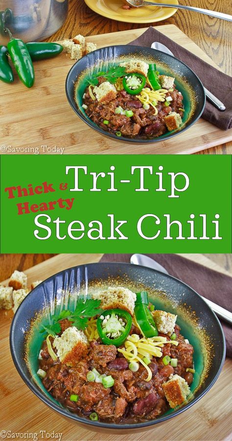 This Tri-Tip Steak Chili Recipe will thrill the meat lovers in your life. Thick and hearty chili for football games, cold winter nights, and casual parties. Tri Tip Chili, Slow Cooker Tri Tip, Steak Chili Recipe, Today Recipes, Beef Tri Tip, Steak Chili, Slow Cooker Chili Recipe, Healthy Beef Recipes, Hearty Chili