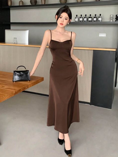 Brown Casual,Elegant Collar Sleeveless Polyester Plain Cami Embellished Medium Stretch  Women Clothing Plain Dress Outfit, Brown Outfit Aesthetic, Plain White Dress, Long Frocks, Brown Outfit, Aesthetic Women, Korean Dress, Brown Dress, Fancy Dresses