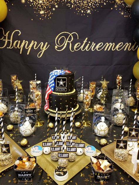 Black And Gold Retirement Party Centerpieces, Retirement Party Treat Table, Army Retirement Centerpieces, Army Retirement Party Decorations, Black And Gold Retirement Party Decor, Gold Treat Table, Black And Gold Treat Table, Army Retirement Party Ideas, Army Retirement Party