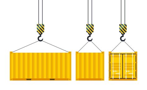 Cargo container hanging on a crane hook. Port crane. Worldwide delivery. Vector illustration Container Illustration, Crane Hook, Port Crane, Cargo Container, Tree Saw, Heart Tree, Cityscape Photos, Logo Banners, Heart With Arrow