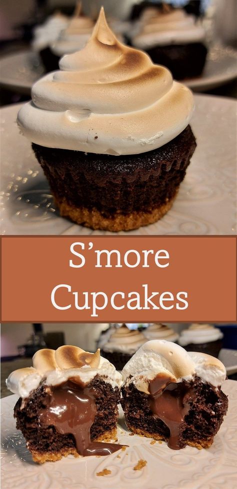 Top image depicts a chocolate cupcake with a graham cracker crust and marshmallow meringue. Bottom image depicts the same cupcake, but cut in half to show the chocolate filling. Graham Cracker Filling, Graham Cracker Crust Cupcakes, Gram Cracker Crust Desserts, Grahm Cracker Crust, Gram Cracker, Marshmallow Meringue, Gram Crackers, Pudding Cupcakes, Oven Temperature