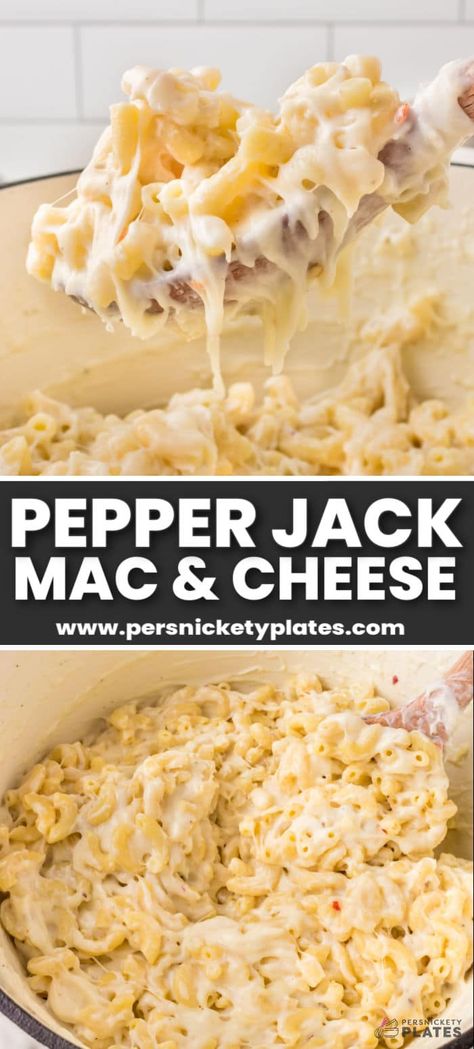 Pepper Jack Mac And Cheese Recipe, Pepper Jack Mac And Cheese, Spicy Cheese Sauce, Unique Pasta Dishes, Persnickety Plates, Spicy Mac And Cheese, Crockpot Mac And Cheese, Cheesy Mac And Cheese, Spicy Cheese