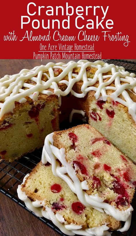 Buttery pound cake sprinkled with tangy fresh cranberries and topped with sweet almond flavor cream cheese frosting. Cranberry pound cake with frosting. Cranberry Pound Cake Recipe, Cranberry Pound Cake, Buttery Pound Cake, Flavored Cream Cheeses, Butter Pound Cake, Pound Cake Recipe, Easy To Make Desserts, Cranberry Recipes, Almond Flavor