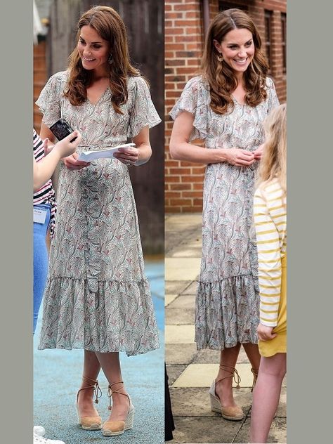 The Duchess of Cambridge debuted a beautiful summer dress with liberty print from Ridley London in June 2019 during a visit to Warren Park. Silk Dress Pattern, Liberty Fabric Dress, London In June, Duchess Dress, Liberty Print Dress, Princess Of Wales Kate, Beautiful Summer Dresses, Middleton Style, Silk Chiffon Dress