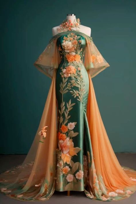 Fantasy Dresses, Fantasy Gowns, Fairytale Dress, Orange And Green, Fantasy Dress, Gorgeous Gowns, Fantasy Fashion, Beautiful Gowns, Fancy Dresses