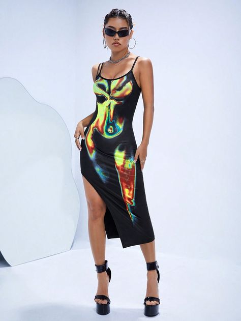 Printed Dress Outfit, Map Dress, Split Dress Thigh, Graphic Print Dress, Heat Map, Outfits Mit Shorts, Preformance Outfits, Shein Icon, Traje Casual