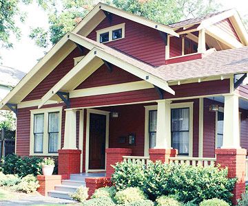 I really only like the deep red color and exposed rafter tails on this one. Not crazy about the missing post. Bungalow Style. Red Bungalow Exterior, Bright House Colors Exterior, Maroon Exterior House Colors, Red Craftsman House Exterior, Maroon House Exterior, Burgundy House Exterior, Bungalow Exterior Colors, Burgundy House, Red House Exterior